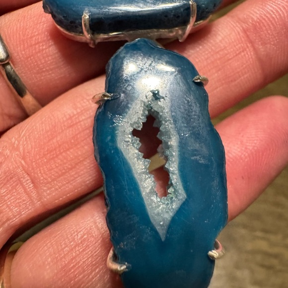 Long Agate Geode Slice. 925 Silver Plated. Handmade Pendant 3.3" - Picture 5 of 7